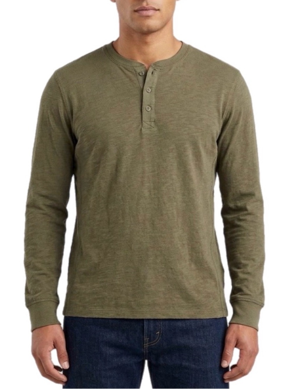 M Levi's Made & Crafted Men’s 100% Cotton Olive Green Long-Sleeve Henley Shirt